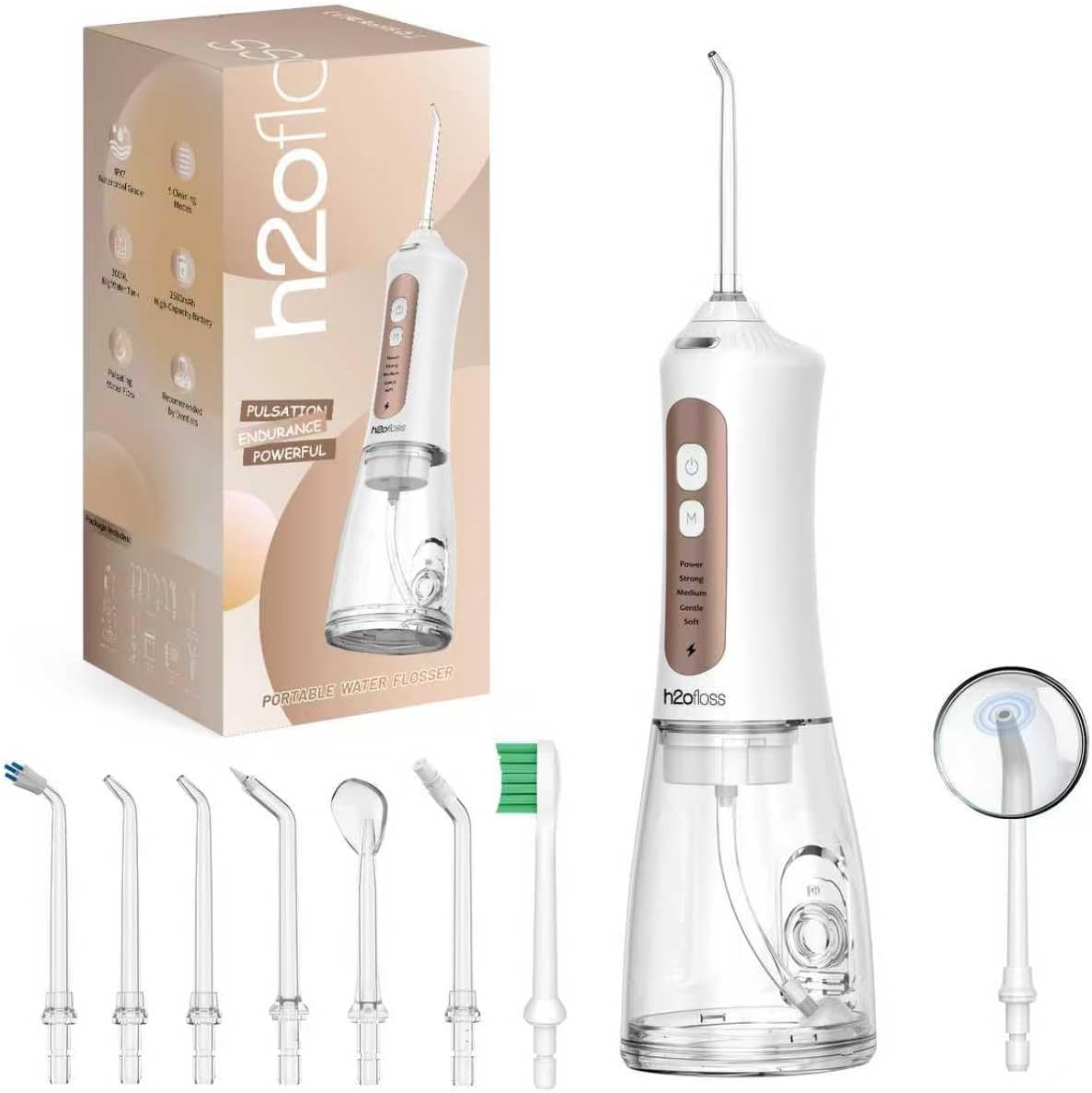 H2ofloss Potable Water Flosser with Beginner Tip – 5 Oral Care Modes, 2500mAh Rechargeable Dental Irrigator with 300ml Tank, IPX7 Waterproof, Portable for Braces, Teeth & Gums, Travel-Friendly