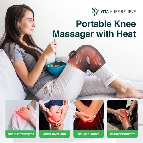Vita Knee Relief Massager with Heat and Compression Cordless Knee Massager 3 Modes for Pain Relief Arthritis Heated Brace Knee Therapy Device Portable Elbow Shoulder Brace Unisex 5 Heat Levels