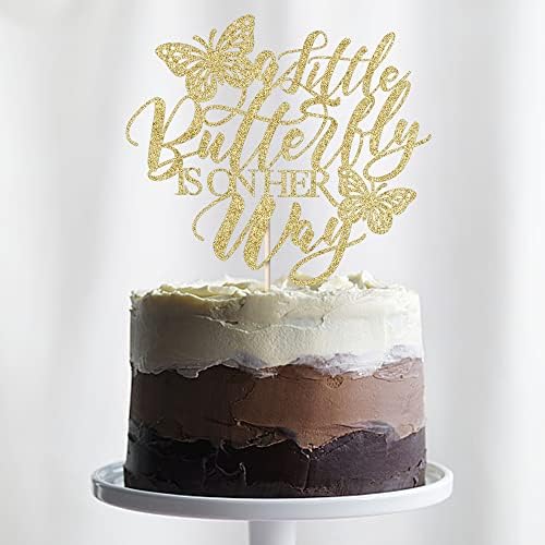 A Little Butterfly is on Her Way Cake Topper,Butterfly Themed Cake Decoration，Great for baby shower, welcome baby, gender reveal party decoration supplies (gold)