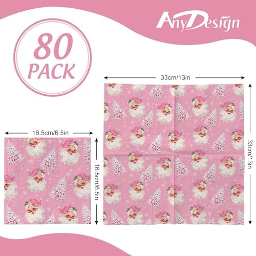 80 Pack Pink Christmas Napkins Santa Xmas Tree Disposable Napkins Merry Christmas Paper Luncheon Napkins for Xmas Winter Holiday Birthday Party Supplies, 6.5 x 6.5 Inch