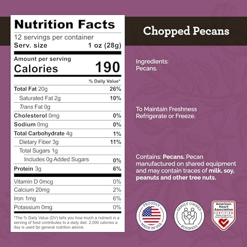 HUDSON PECAN COMPANY | Fresh Chopped Georgia Pecans | Local, All-Natural & Kosher, Heart-Healthy | Crunchy Nuts Perfect for Baking, Cooking, Salads & Desserts, 12 oz Resealable Bag