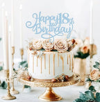 Happy 18th Birthday Cake Topper - Light Blue Glitter 18th Birthday Cake Decoration, Cheers to 18 Years Cake Pick 18th Birthday Anniversary Party Supplies, Photo Booth Props