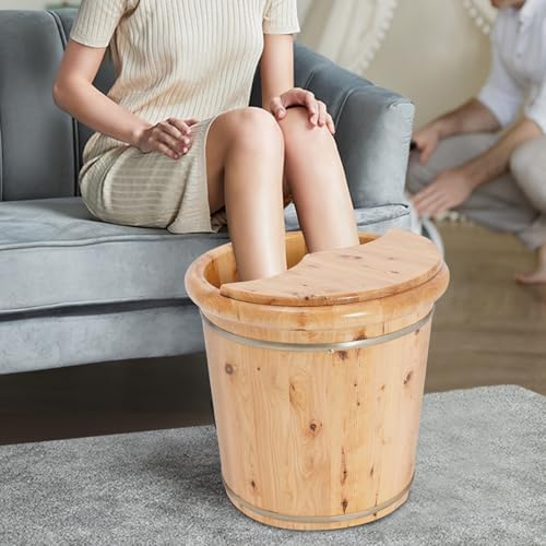 Wooden Foot Bath Bucket, Premium Solid Wood Spa Soaking Tub with Lid & Stool, 15.75 Inch Deep Natural Solid Wood Foot Bath Barrel, Pedicure Soak, Massage & Relaxation