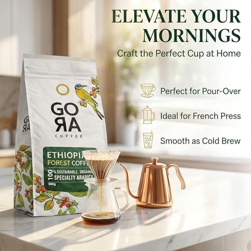 GoRa Organic Ethiopian Coffee Beans – Medium Roast Whole Bean, Single Origin 100% Arabica, Smooth Fruity & Floral Notes, Forest-Grown Specialty Coffee – 250g (8.8oz)