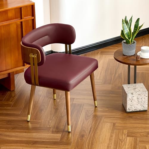 ARTPLAN Walnut Leather Dining Chair - Modern Upholstered Kitchen Chair with High-Resilience Foam Cushion, Stainless Steel Gold Frame for Dining Room, Easy Assembly,Cherry