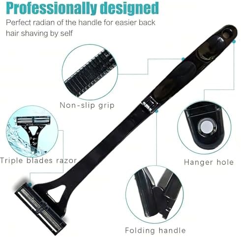 Qinlorgo Back Hair Trimmer, Manual Foldable Body Hair Remover, Long Handle Shavers with 3 Layers Cutter & No Electricity Needed, Ideal for Men, 44cm