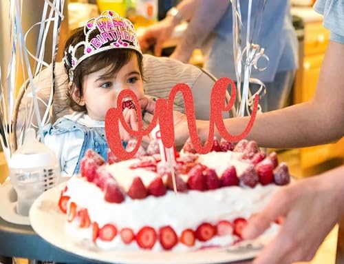 One Cake Topper - Red Glitter 1st Birthday Cake Decorating Supplies for Boys or Girls, First Birthday Cake Topper for Baby Shower 1st Birthday Party Supplies Photo Booth Props
