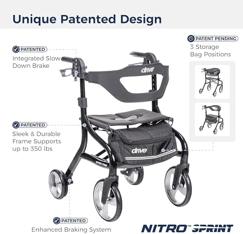 Drive Medical Nitro Sprint Foldable Rollator Walker with Seat - Lightweight Support - Large Wheels - Compact Folding Design - Adjustable Comfort - Tall Size - Black