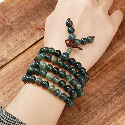 Jovivi 108 Mala Beads Bracelet 6mm 8mm Natural Indian Agate/Green Moss Agate Gemstone Healing Crystal Stone Beaded Bracelet Hand Knotted Prayer Mala Beads Necklace for Yoga Meditation Balance