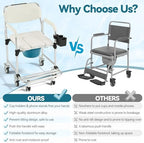 4-in-1 Bedside Commode Shower Wheelchair for Elderly and Disabled, Commode Chair with 4 Lockable Wheels, Detachable Bucket, Padded Seat&Armrests,Transport Chair with Flip-up Footrest, White