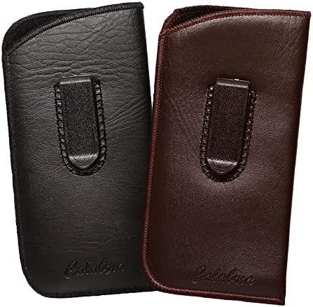 Calabria Slim Faux Leather Eyeglass Case Soft Slip-In Design [Black & Brown - 2 Pack] | Compact Protective Pouch | Soft Case for Glasses | Lightweight Sunglass Storage