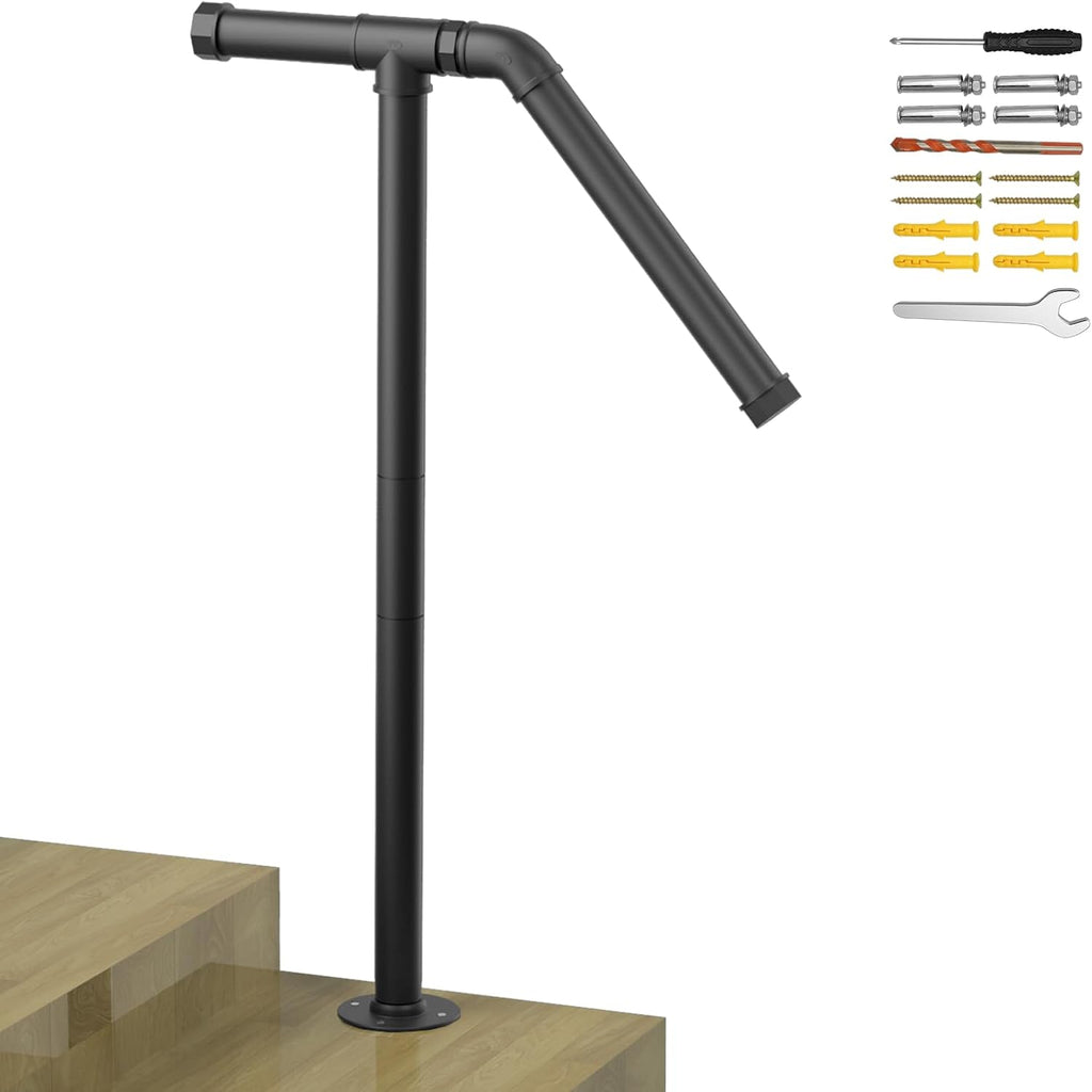 Single Post Handrail Stair Railings for Outdoor Steps Fit 1-2 Steps Outdoor Wrought Iron Handrails with Base Transitional Porch Railing for Concrete Steps or Wooden Stairs, Black