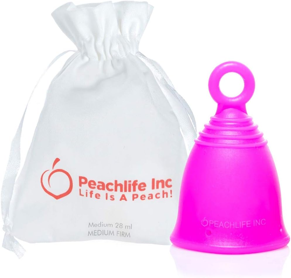Peachlife Ring Menstrual Cup with Loop Pull Tab Handle - Silicone Reusable for 10 Years - Medium Size, Medium Firm Peachcup