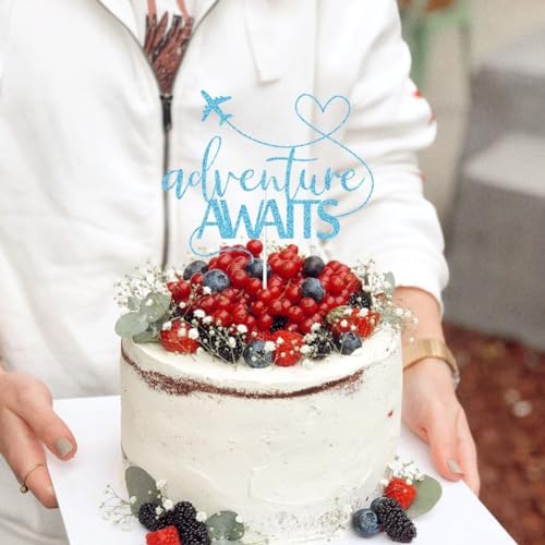 Adventure Awaits Cake Topper 2024 Graduation/Going Away/Retirement/Bon Voyage/Baby Shower/Moving Party/Travel Theme Party Decorations Supplies Blue Glitter