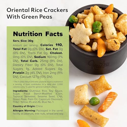 NUTS U.S. - Oriental Rice Crackers With Green Peas | Non-GMO and Cholesterol Free | Vegan | Soy and Chili Flavor | Crunchy Baked Snacks | Packed in Resealable Bag (2 LBS)