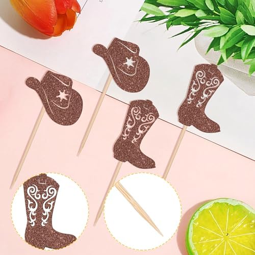 24 PCS Cowboy Cupcake Toppers Glitter Cowboy Hats Boots Cupcake Picks Cowboy Party Cupcake Decorations for Western Theme Baby Shower Boys Birthday Party Cake Decorations Supplies Brown