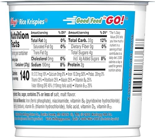 Kellogg's Rice Krispies Breakfast Cereal Cups, Kids Snacks, Cereal Cup to Go, Original, 15.6oz Case (12 Cups)
