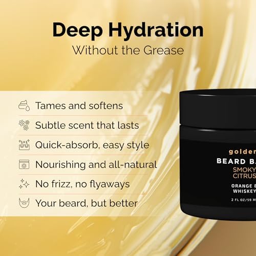 Golden Grooming Beard Balm - Tames Flyaways & Promotes Thicker Growth - Natural Styling Wax with Shea & Mango Butter - Relieves Beard Itch & Dandruff - Smoky Citrus, 2oz