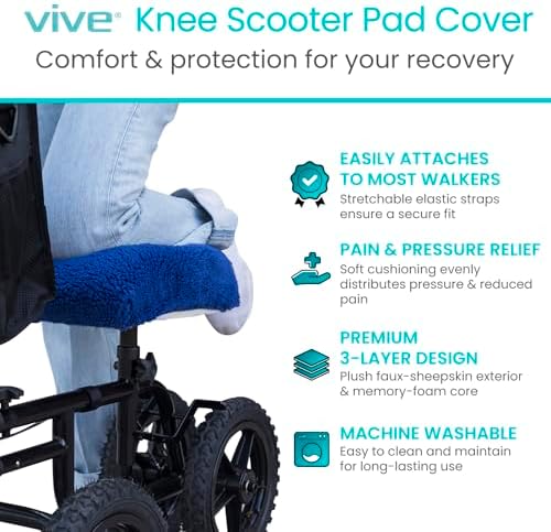 Vive Mobility Knee Scooter Pad Cover - Soft Plush Adult Sheepskin Memory Foam Cushion, Walker Accessory for Knee Roller, Padded Accessories Leg Cart Improves Comfort with Injury, Universal Fit (Blue)