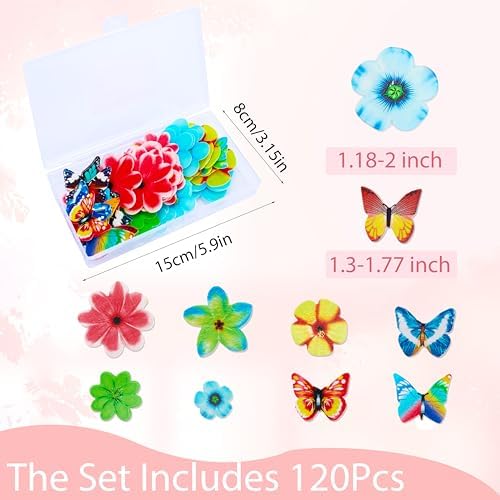 120 PCS Edible Butterfly Flowers Cake Decorations Wafer Rice Paper Edible Topper Cupcake Mixed Size & Colour for Birthday Wedding Spring Themed Party