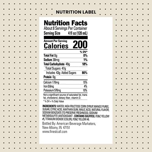 Finest Call Premium Mango Fruit Puree Drink Mix, 1 Liter Bottle (33.8 Fl Oz), Individually Boxed
