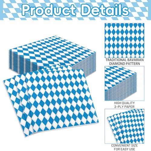 Pack of 50, Blue and White Bavarian Napkins, Diamond Pattern Disposable Napkins for Oktoberfest, Beer Festival, Bavarian Party Decorations, German-Themed Events, 13x13 Inches Unfolded