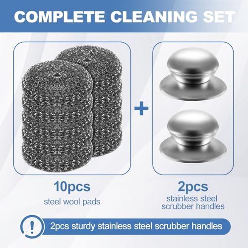 10Pcs Steel Wool Scrubber, Steel Wool Pads with 2Pcs Handle, Stainless Steel Scrubber for Dishes, Kitchen, Cleaning, Stoves, Pots and Pans, Grill, Wash Sink, Cleaning Dishes