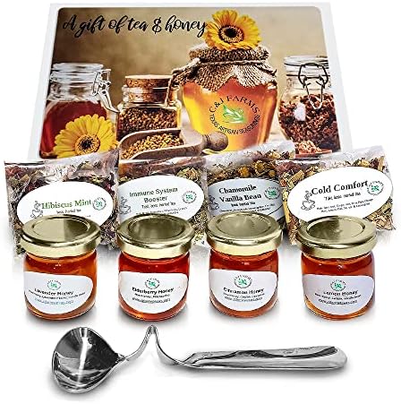 C&J Farms Texas Gourmet Artisan Seasonings A Gift of Tea and Honey Gift Set- 9 Piece Variety Sampler Box- Includes Stir Spoon and Sampling of Loose Leaf Tisanes & Infused Honey- Local, Natural Flavors