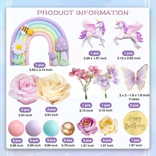 38pcs Unicorn Cake Toppers Rainbow Cake Decorations, Flower Birthday Decor with Butterflies and Mini Balls for Boys and Girls Unicorn Theme Party Supplies