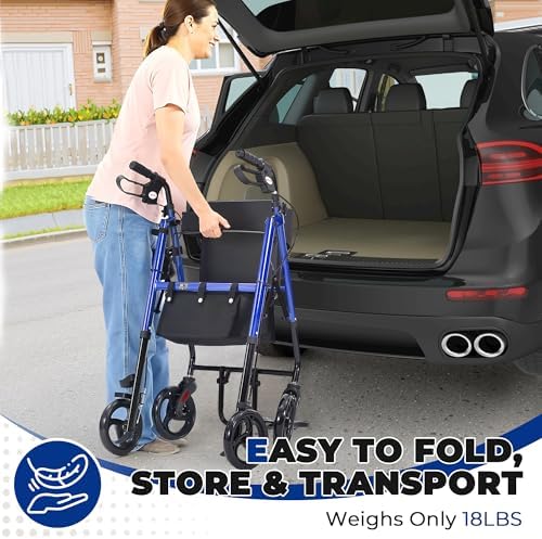 Metro Mobility Rollator Walkers for Seniors with Seat, Foldable 2 in 1 Rolling Walkers Wheelchair, 300lb Capacity with Cup Holder & Cane Holder, 8'' All Terrain Wheels, Blue
