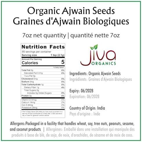 Jiva Organics Organic Ajwain Seeds 7 ounce Bag - Whole Carom Seed, Ajamo, 100% Natural & Non-GMO
