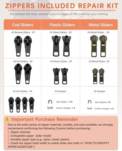 Zipper Repair Kit for YKK Metal, Molded Plastic & Coil Zippers, Compatible with YKK #3#5 Sizes,Replacement Sliders & Pulls for Clothing, Bags & Outdoor Gear