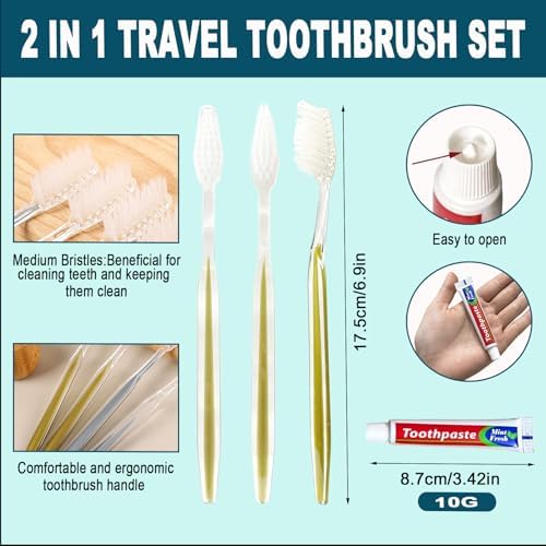 50 pcs Disposable Toothbrushes with Toothpaste, 2 Color Toothbrushes and Toothpaste 10g, Bulk for Homeless, Airbnb, Hotel,Charity