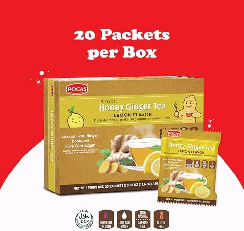Pocas Honey Ginger Tea - Instant Tea Powder Packets with Lemon & Ginger Honey Crystals, 20 Count (Pack of 2)