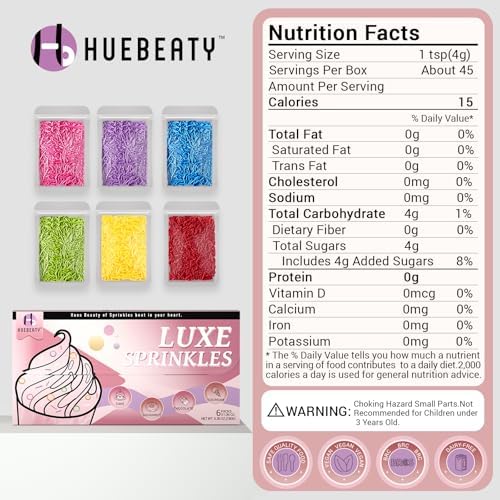 HUEBEATY® 6-in-1 Rainbow Jimmies Sprinkles Bulk – 180g Neon Edible Sprinkles for Cake Decorating, Cupcakes, Cookies, Ice Cream & Birthday Desserts – Edible Candy Toppers & Rainbow Cake Decorations
