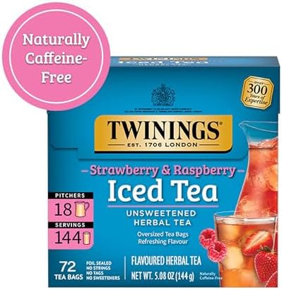 Twinings Strawberry & Raspberry Herbal Iced Tea, 72 Oversized Tea Bags, Makes 18 Pitchers or 144 Servings, Unsweetened, Naturally Caffeine-Free, 72 Count (Pack of 1)