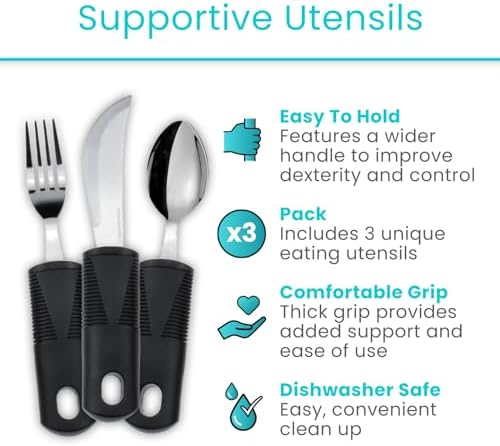 Vive Adaptive Utensil Set - Arthritis Aid Silverware for Parkinsons, Hand Tremors - Easy Grip for Shaking and Trembling Hands - Heavy Stainless Steel Spoon (Regular)