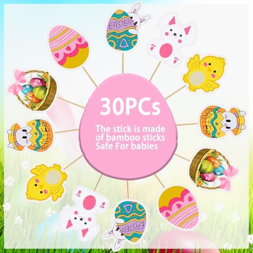 30pcs Easter Cupcake Toppers Egg Rabbit Bunny Chicken Cupcake Toppers Picks for Kids Baby Shower Birthday Easters Theme Party Decorations Supplies (Easter)