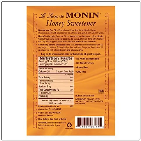 Monin - Organic Honey Sweetener, Low-Calorie Liquid Sweetener, Sugar Substitute, Coffee Syrup, Made with Organic Honey, Simple Syrup for Cocktails, Iced Tea, & More, Clean Label (1 Liter)