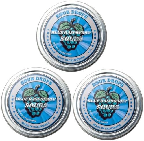 Sour Drops - Blue Raspberry Sour Hard Candy - Small Batch - No Artificial Dyes, Vegan & Gluten Free - 3 Gift Tins (100g Each)
