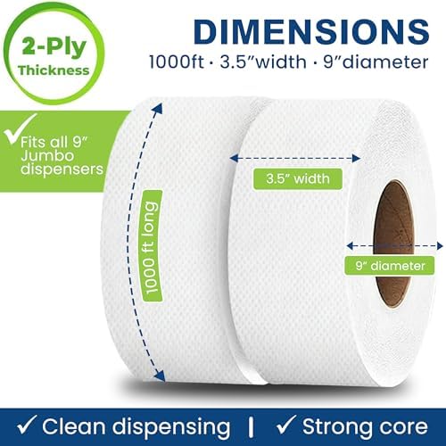 Commercial toilet paper - Jumbo toilet paper rolls -6,000 FT Industrial 2-Ply 9” Bulk Large Roll for Standard Jumbo Dispenser -100% Recycled Fibers-Soft and Absorbent Bathroom Tissue -6 Roll Case Pack