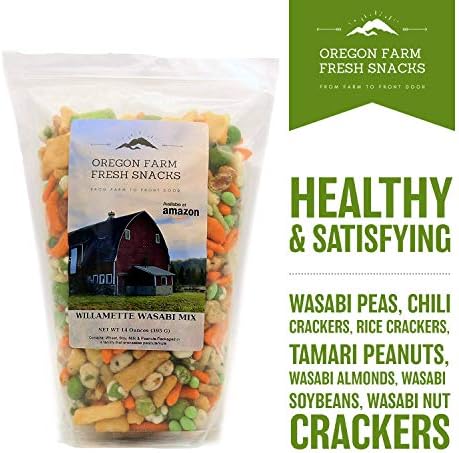 Oregon Farm Fresh Snacks Wasabi Peas & Rice Crackers Mix - Locally Sourced and Freshly Made Asian Snacks with Wasabi Almonds, Peanuts, Soybeans & Nut Crackers (14 oz)