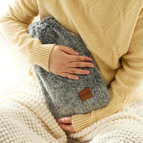 samply Hot Water Bottle with Soft Cover, 2L Hot Water Bag for Menstrual Cramps, Neck and Shoulder Pain Relief, Hot Compress, Hand Feet Warmer, Grey