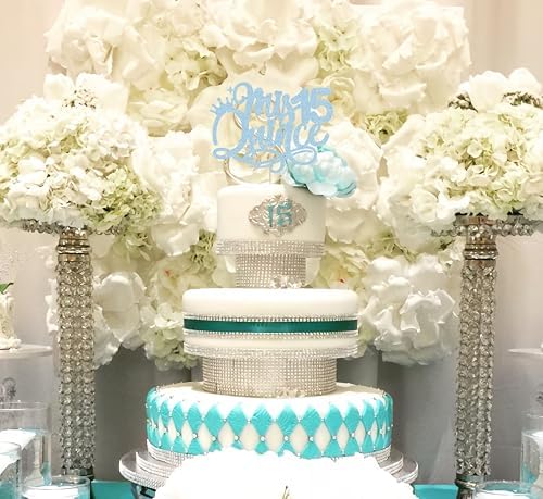 Quinceanera 15 Cake Topper - Light Blue Glitter 15th Birthday or Anniversary Party Cake Decorations for Girls, Mis Años 15 Cake Topper, Cheers to 15 Years Birthday Party Photo Booth Props