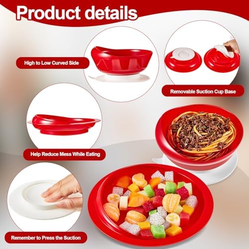 Hushee 3 Sets Adaptive Spill Proof Scoop Bowl and Plate Set with Suction Base Non Skid Self Feed Suction Dinnerware for Elderly Disabled Handicapped from Parkinsons Tremor (Red)