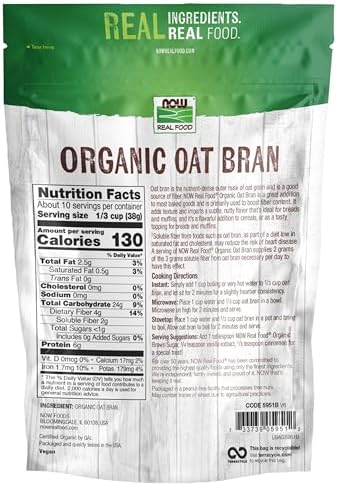 NOW Foods, Organic Oat Bran, Source of Fiber and Protein, USA Grown, Non-GMO Project Verified, 14-Ounce (Packaging May Vary)