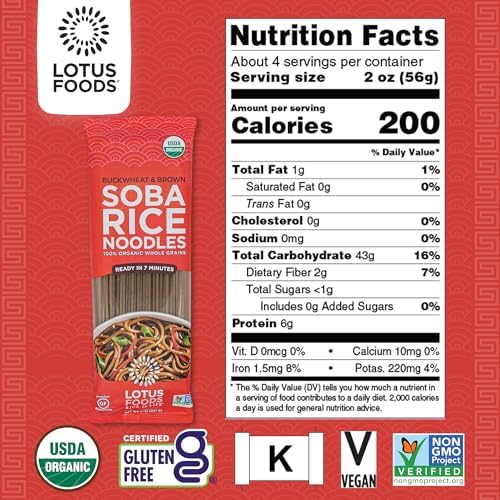 Lotus Foods Organic Soba Rice Noodles - Organic Rice Noodles, Asian Noodles, Rice Noodles Gluten Free, Brown Rice & Buckwheat Flour, Perfect for Stir Fry, GF, Vegan, Non GMO - 8 Oz (Pack of 8)