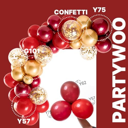 PartyWoo Red and Gold Balloons 66pcs 12 10 Inch Matte Red Burgundy Metallic Chrome Gold Confetti Balloons for Graduation Baby Shower Birthday New Year's Eve Anniversary Christmas Party Decorations