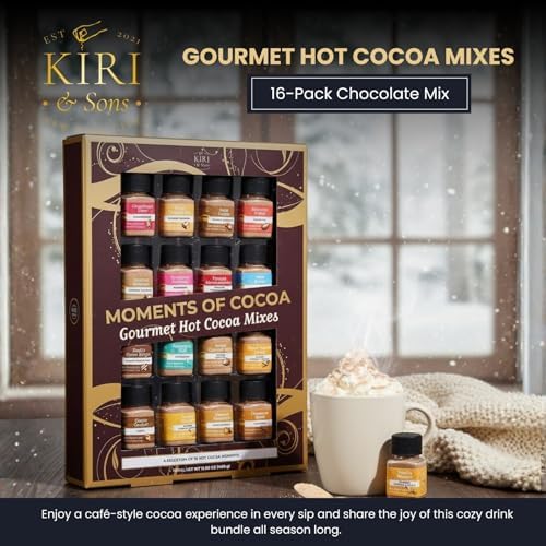 Hot Chocolate Mix Gift Set 16-Pack - Ultimate Gourmet Hot Cocoa Sampler Box with Caramel, Vanilla, Peppermint, Toasted Marshmallow & Double Chocolate - Luxury Winter Beverage Variety Kit for Gifting