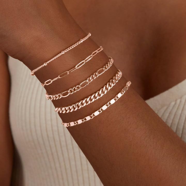 Gokeey Gold Bracelets Set for Women Non Tarnish Trendy,14K Gold Plated Dainty Stackable Paperclip Cuban Link Chain Bracelets, Simple Cute Cuff Bracelets Jewelry Set Adjustable 7"+2"